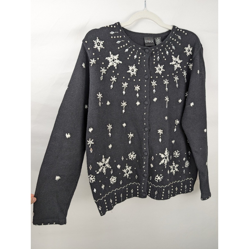 Vintage 90s Beaded Snowflake Button Cardigan Sz M Black Winter Holiday Christmas
